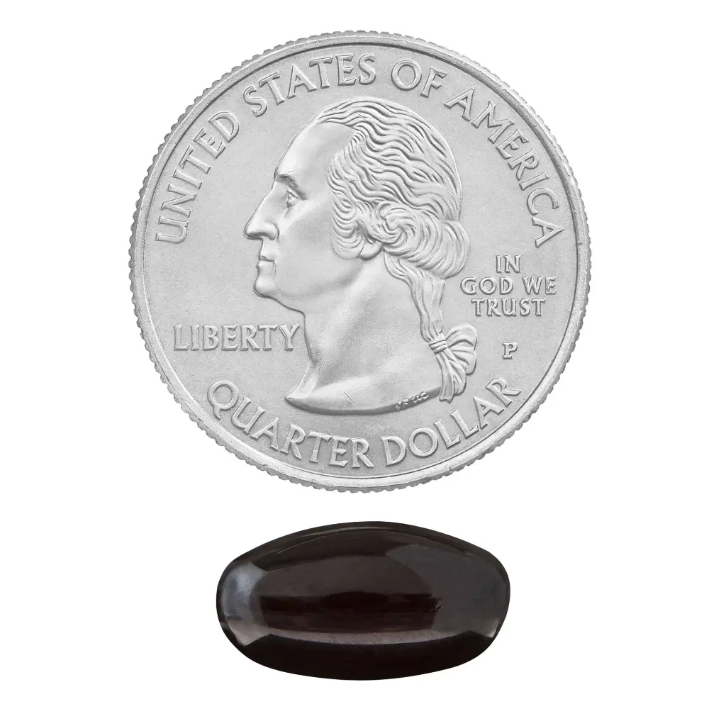 Esta imagen muestra una cápsula blanda (softgel) de Aloe Vera de Spring Valley junto a una moneda de 25 centavos de dólar para comparar su tamaño.
